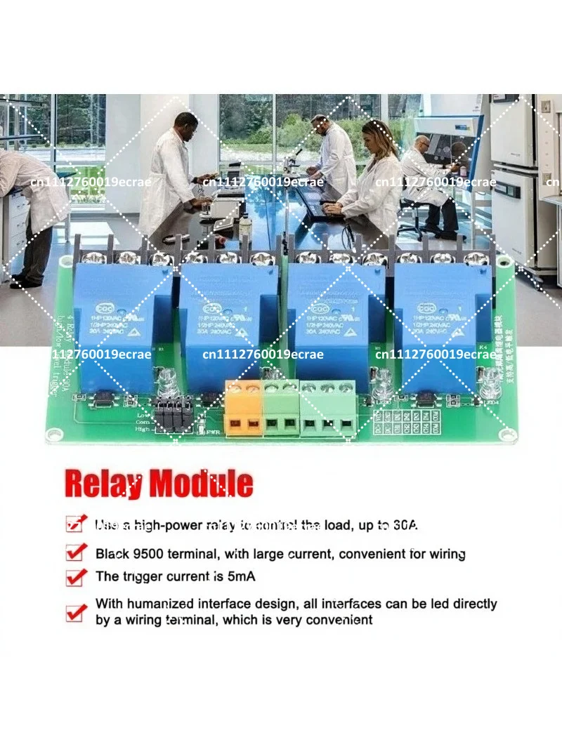 4 Channel 30A High Current Relay Module with Optocoupler Isolation, Support High Low Level Trigger 5V 12V 24V