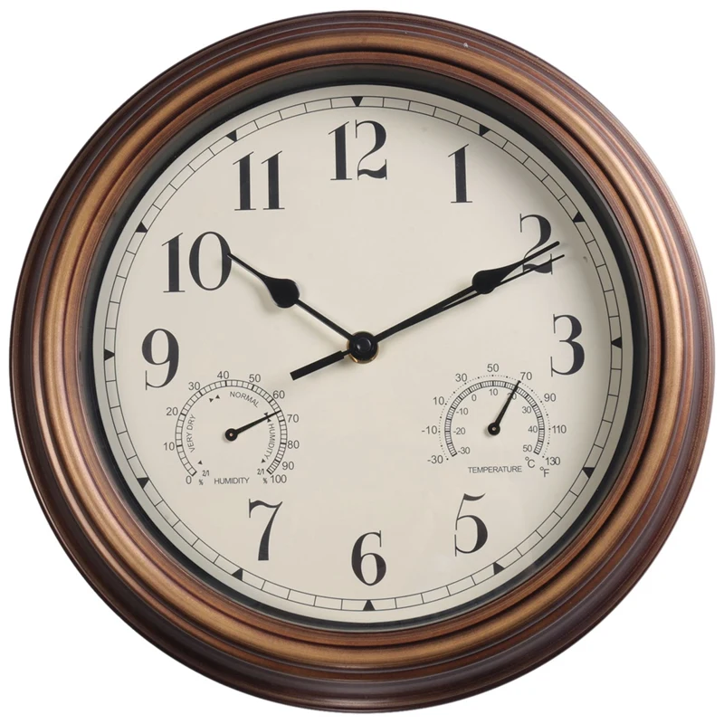 12Inch Wall Clock,Retro Waterproof Clock With Displays Thermometer&Hygrometer,Noise-Free Clock For Indoor/Outdoor