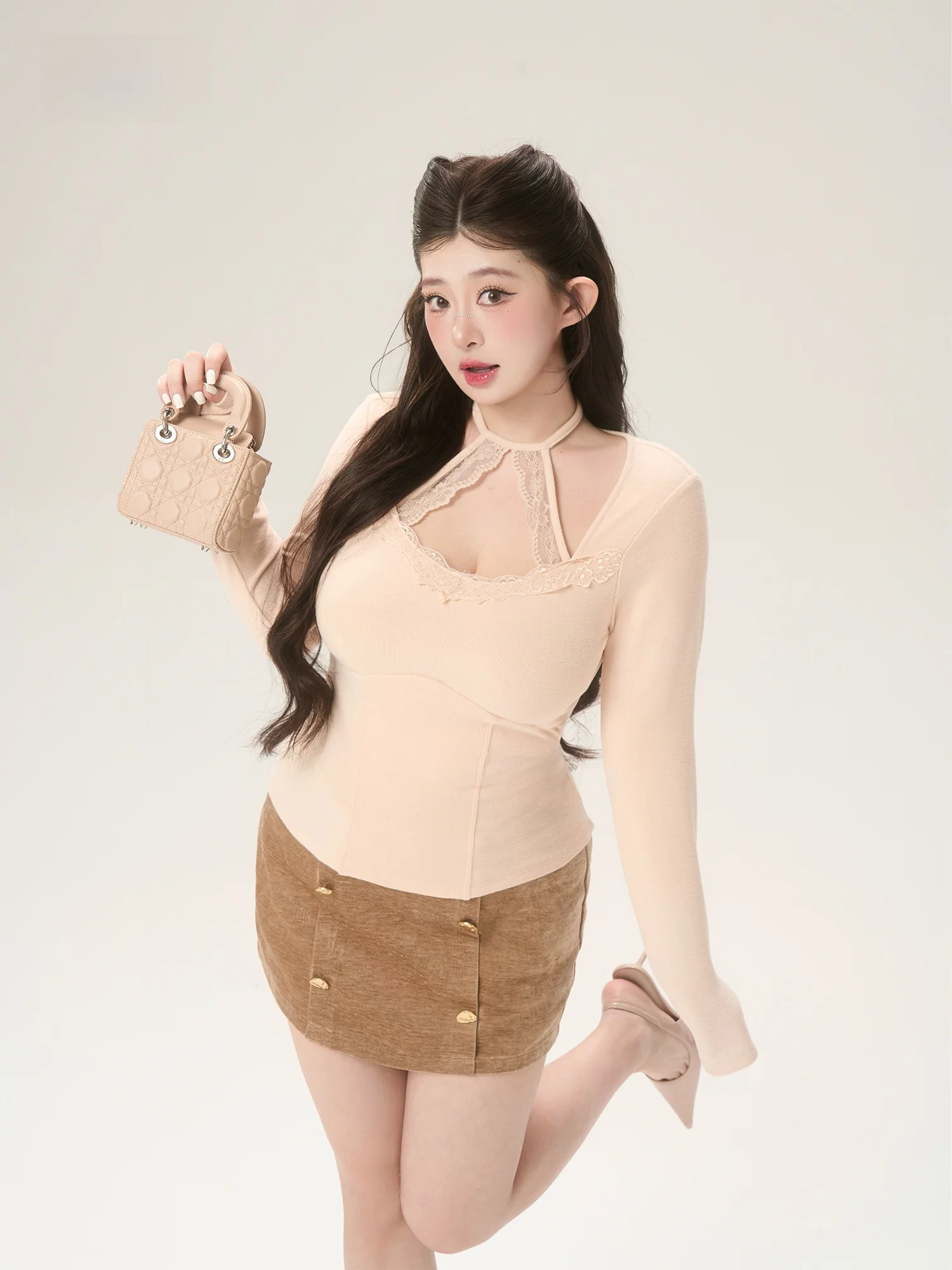 

Zhou Bai Zi Spring Knitted Sweater Women's Sle V-Ne Lace Hanging Nelace Double-Sided Velvet Ice Sugar Milk Skin T