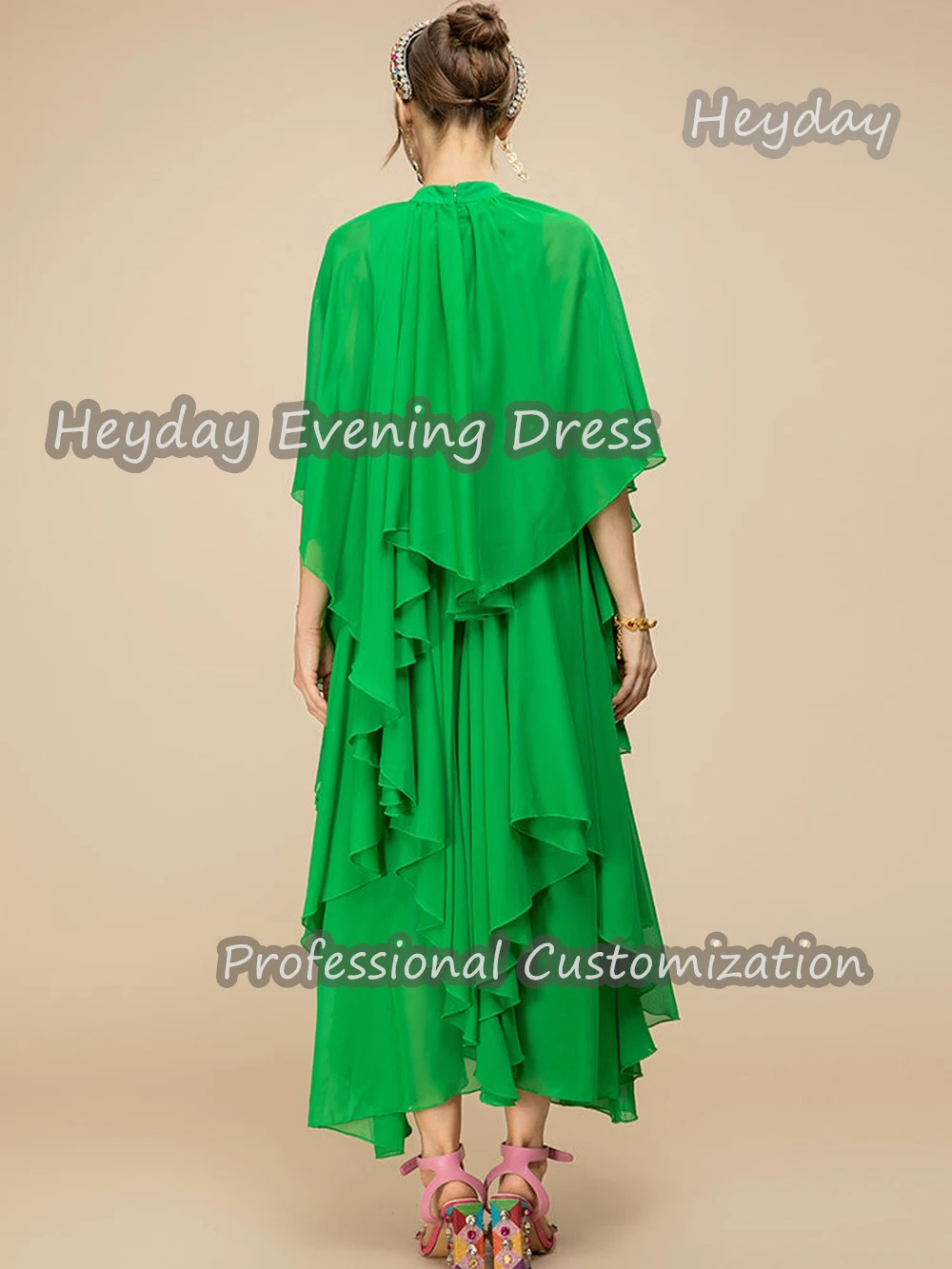 Heyday O-Neck Saudi Arabia Short Sleeves A-Line Prom Gown Chiffon Ruffle Tea Length Elegant Evening Party Dress For Women 2024