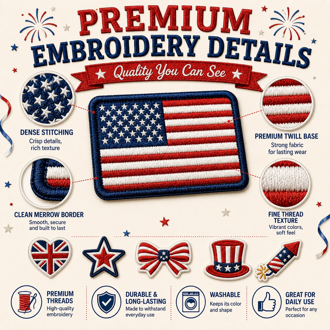 Custom Patriotic Embroidered Patches American Flag Star Rocket Iron On Sew On for Jackets Bags Hats Independence Day DIY Decor