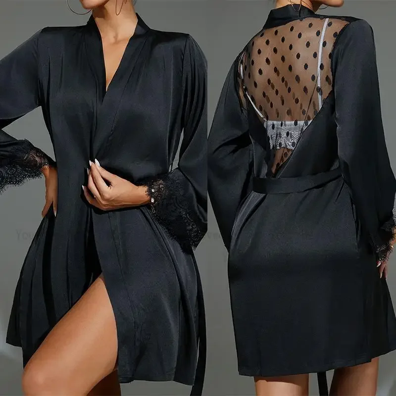 Short Kimono Black Sheer Mesh Robe Long Sleeve Intimate Lingerie Women Satin Nightgown Lace Floral Sleepwear Elegant Nightdress