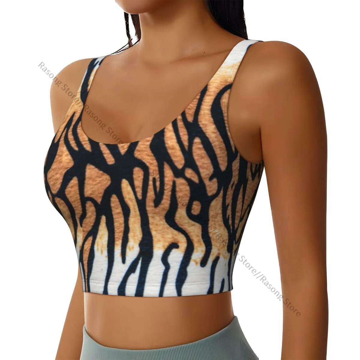 Yoga Vest Women Gym Sports Crop Tops Tiger Striped Background Streetwear Workout Breathable Tank Top Female