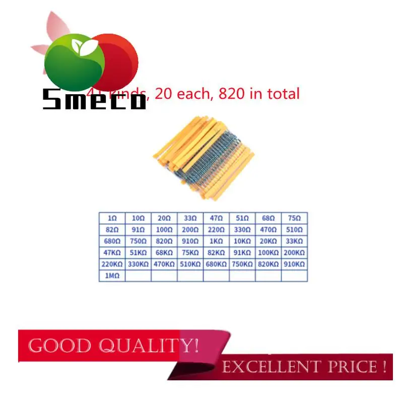 1/4W metal film resistor package 0.5W1W2W3W in-line electronic component package 41 kinds of 1% commonly used, 20 of each kind,