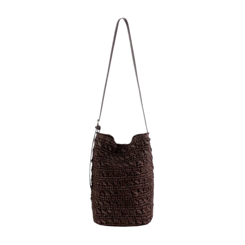 Retro Handmade Woven Bucket Bag Casual Paper Rope Crochet Barrel Shape Crossbody Bag Versatile Vacation Seaside Beach Bag
