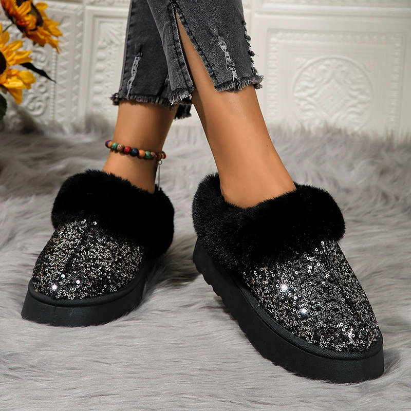 Luxurious Glitter Sequins Womens Plush Ankle Boots Autumn Thick Bottom Platform Snow Boots Ladies Suede Short Plush Shoes Botas