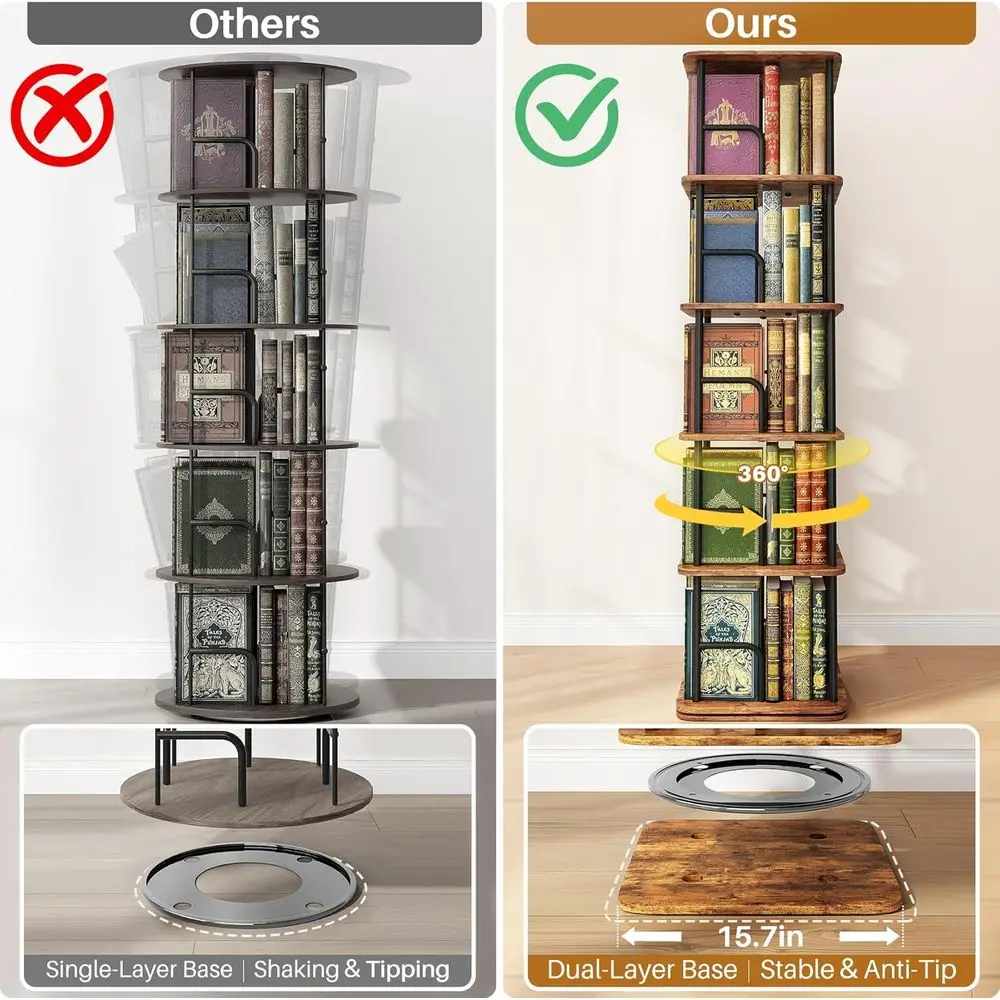 5 estantes 360 °   Librería giratoria de madera para espacios compactos, ideal para almacenamiento en el hogar y la oficina