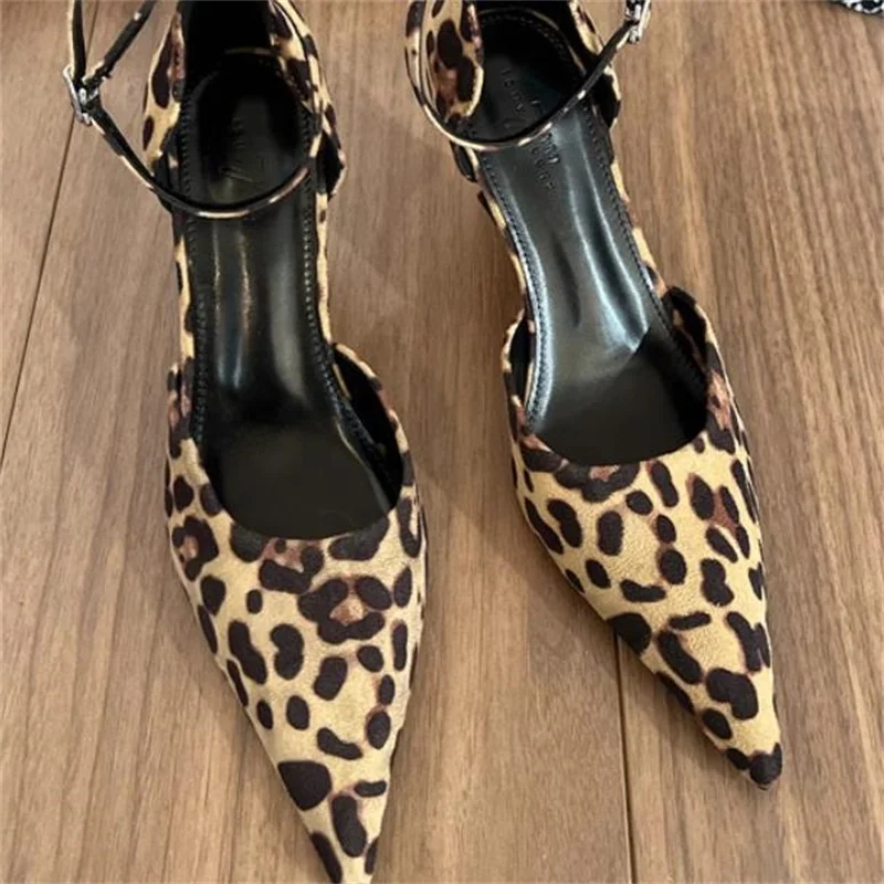 

Leopard Shoes for Women Pointed Toes High Heels Ankle Strap Female Pumps Ladies Belts Buckle Tacones Sewing Lines Chassure Femme