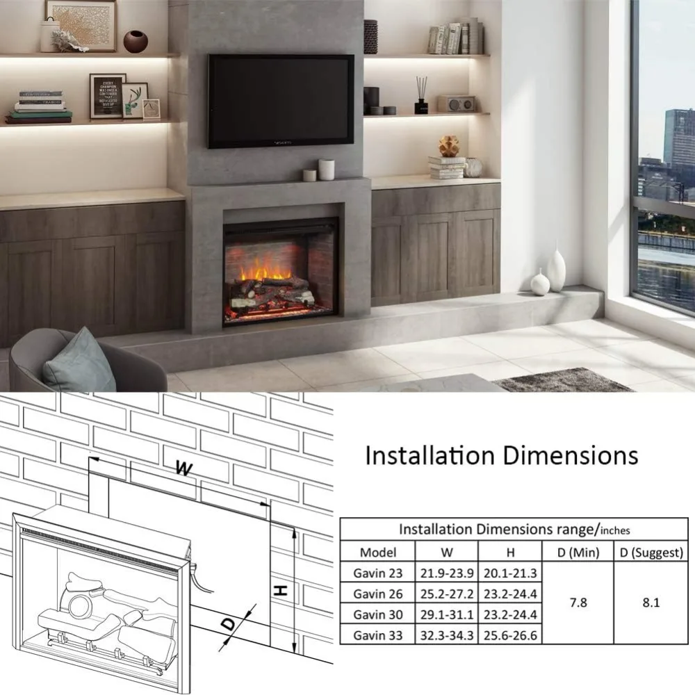 Electric Fireplace Insert with Log Speaker, Designed for Stud, Wood Burning Opening, Cabinet & Wood Mantel, 750/1500W