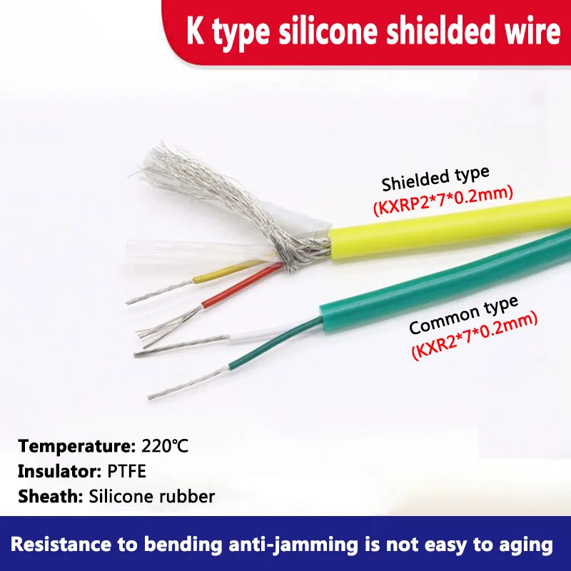 

1M 2-Core 7x0.2 mm2 Silicone Shielded Wire Thermocouple Wire PTFE Cable K Type Glass Fiber Stranded 200 Degree.C