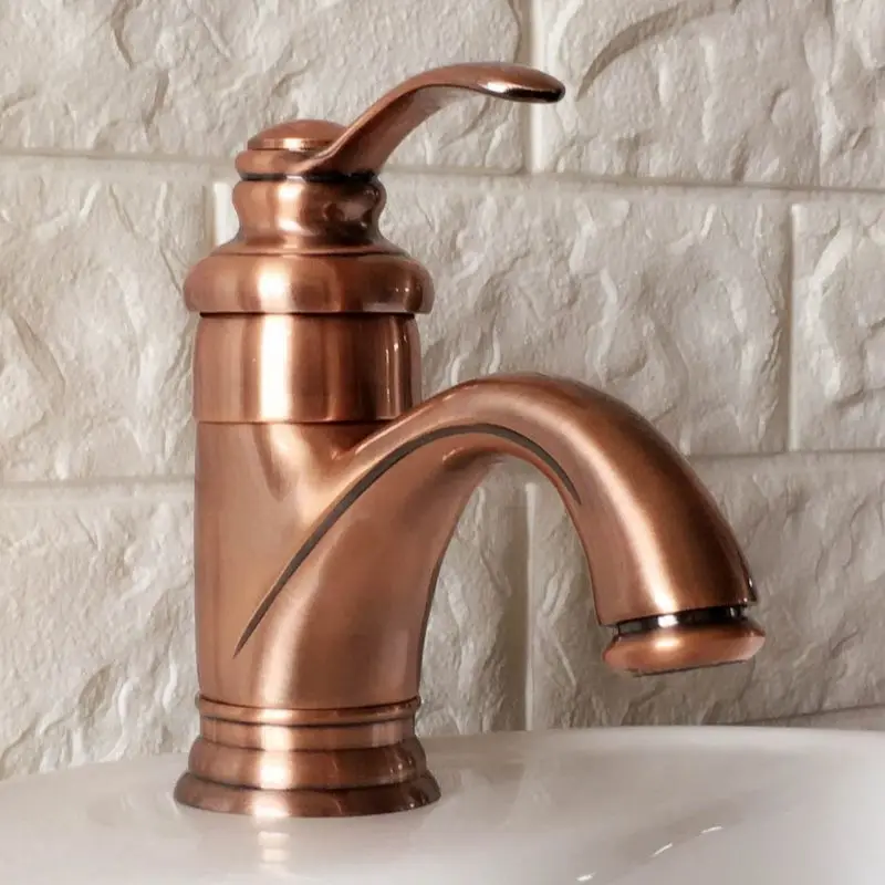 

Antique Red Copper Washbasin Faucet Single Handle 1 Hole Deck Mounted Bathroom Sink Faucets Lavatory Cold Hot Water Taps Dnf391