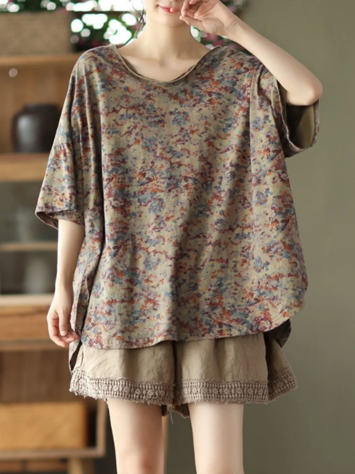 Été Vintage imprimé v-ne ort Sve T-shirt décontracté orts deux pièces ensemble Ele confortable trajet Sle coupe ample