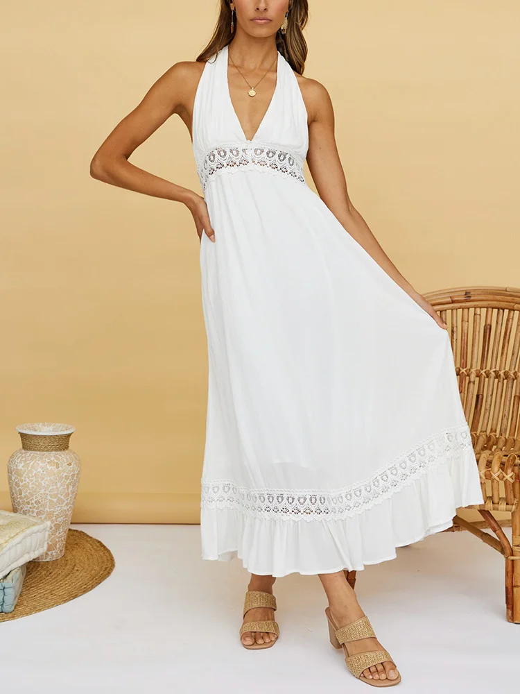 

Women Summer Long Dress 2022 Halter Neck Back Tie Sleeveless Lace Trim Vacation Beach White Maxi Dress Sexy Backless Party Dress