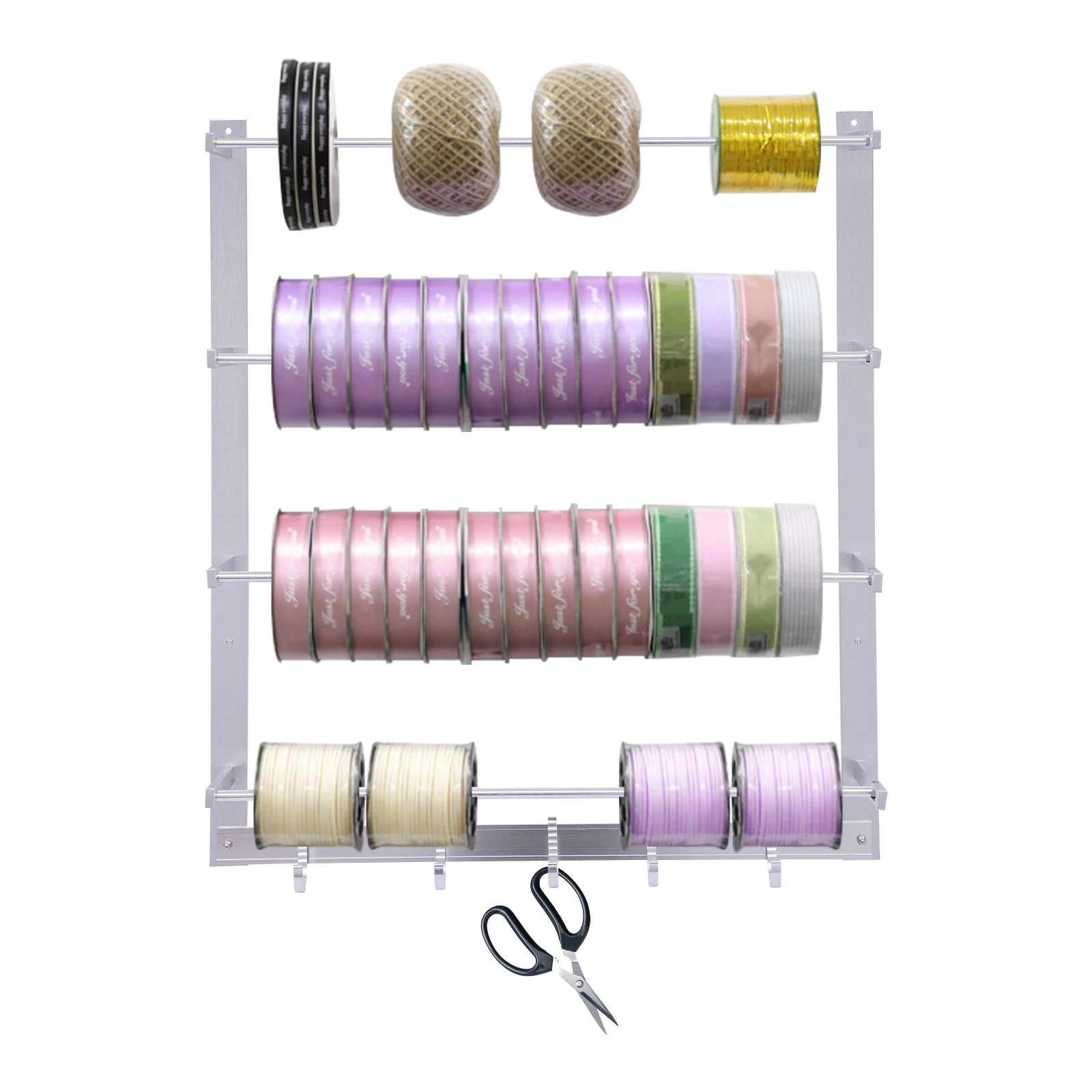 

4 Rods Wire Wall Mount Ribbons Roll Aluminum Alloy Storage Ribbon Spool Rack Thread Holder Organizer