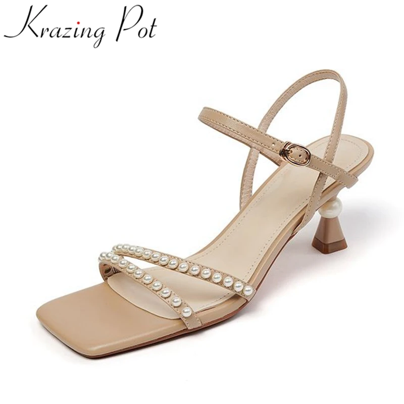 Krazing Pot 2024 Natural Leather Buckle Straps Pearl-studded Summer Shoes Strange Style High Heels Sexy Daily Wear Women Sandals