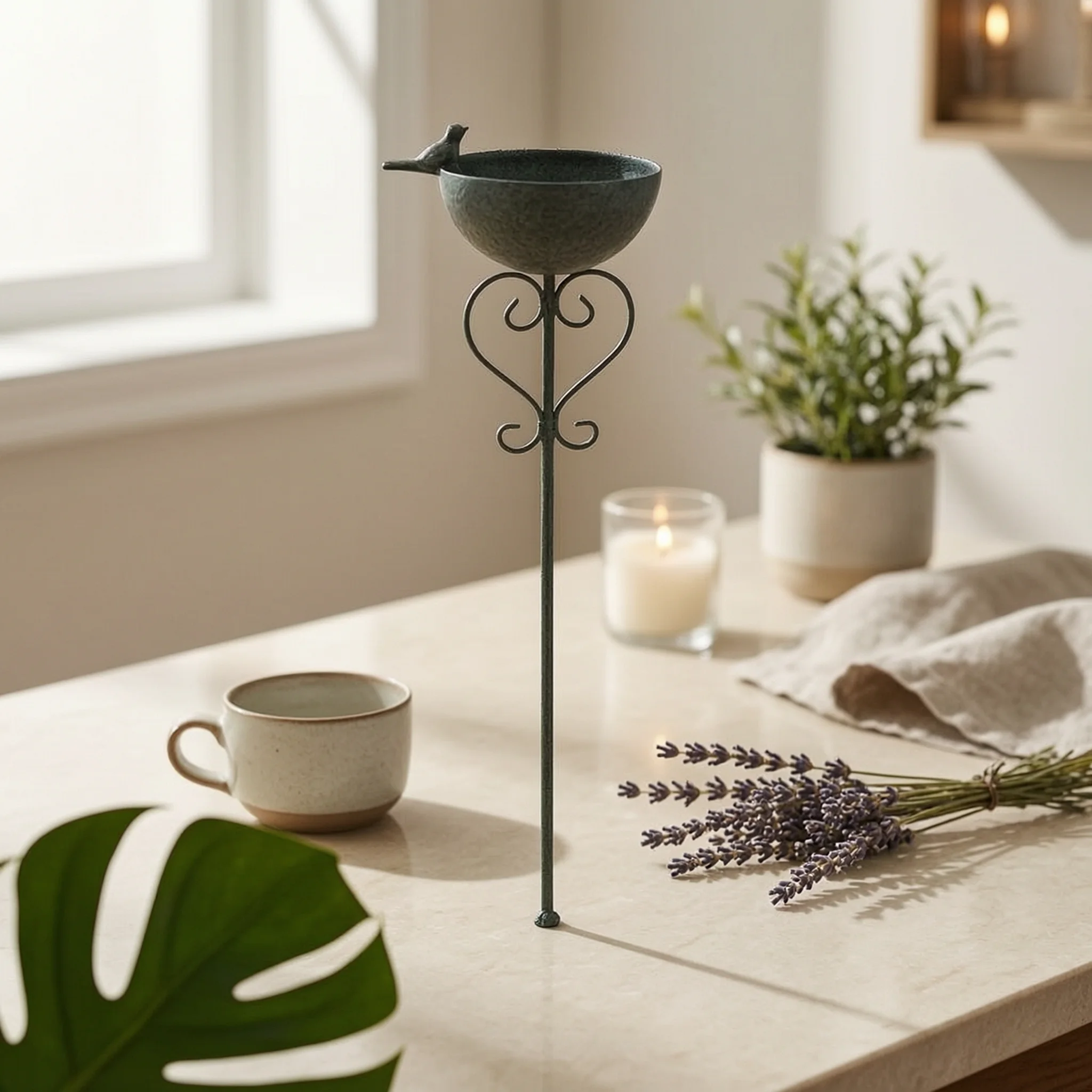 

Stake Bird Feeder Distressed Green Garden Bird Feeder Stake Outdoor Decor Curled Support Rustic Finish