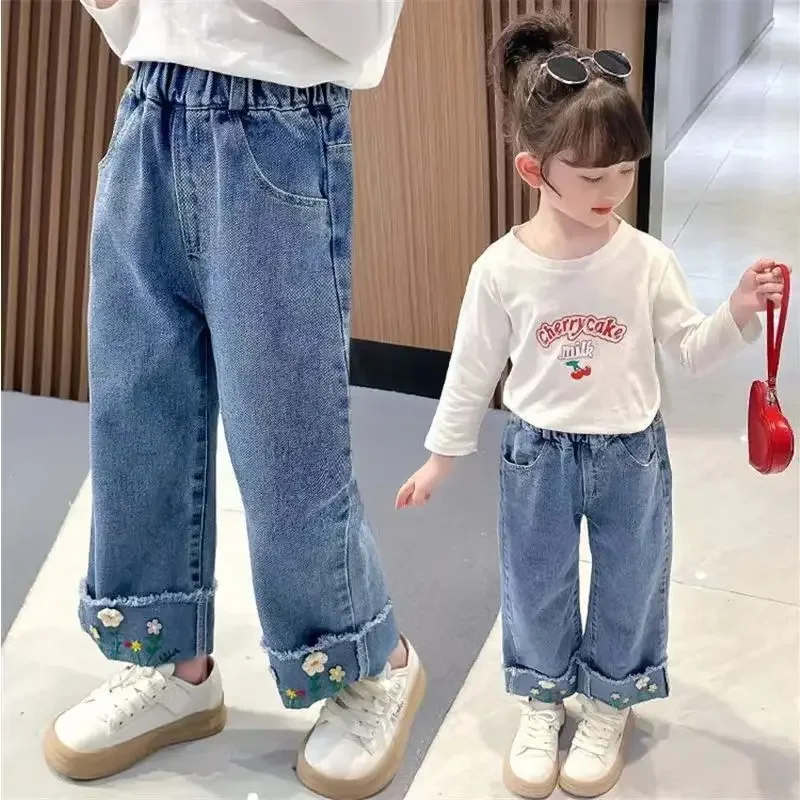 Girls denim pants 2024 spring and autumn new Korean version of children fashion children loose foreign style straight leg pants