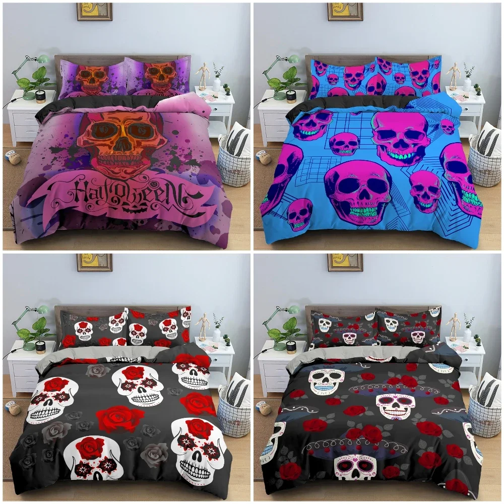 3D Sugar Flowers Skull Bedding Set Terror Duvet Cover Set With Pillowcase King Queen Twin Full Bedclothes Quilt Cover Home Decor