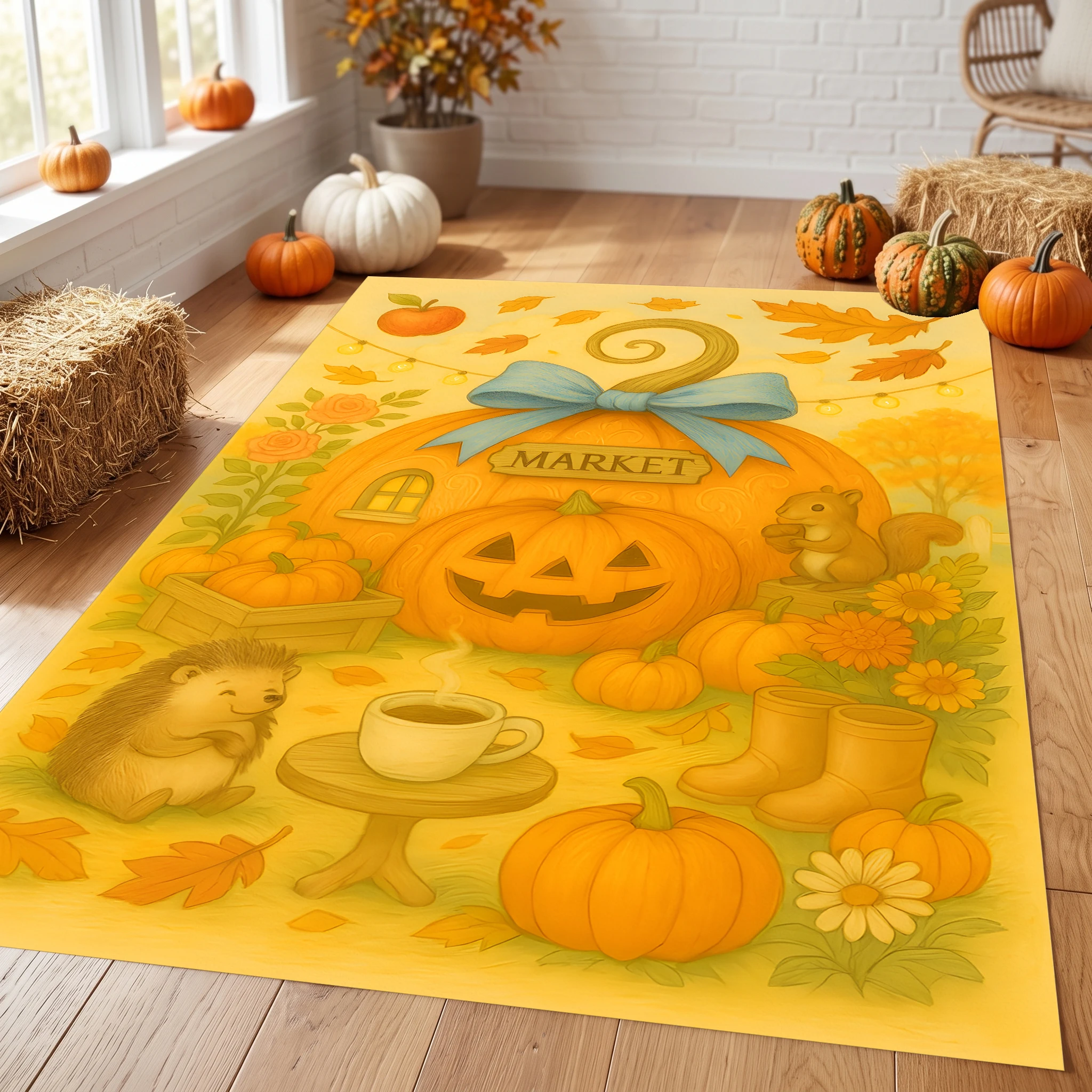 Velvet Rug Cartoon Pumpkin Squirrel Hedgehog Leaf Market Slogan Cozy for Entryway Bedroom Bedside Home Decor