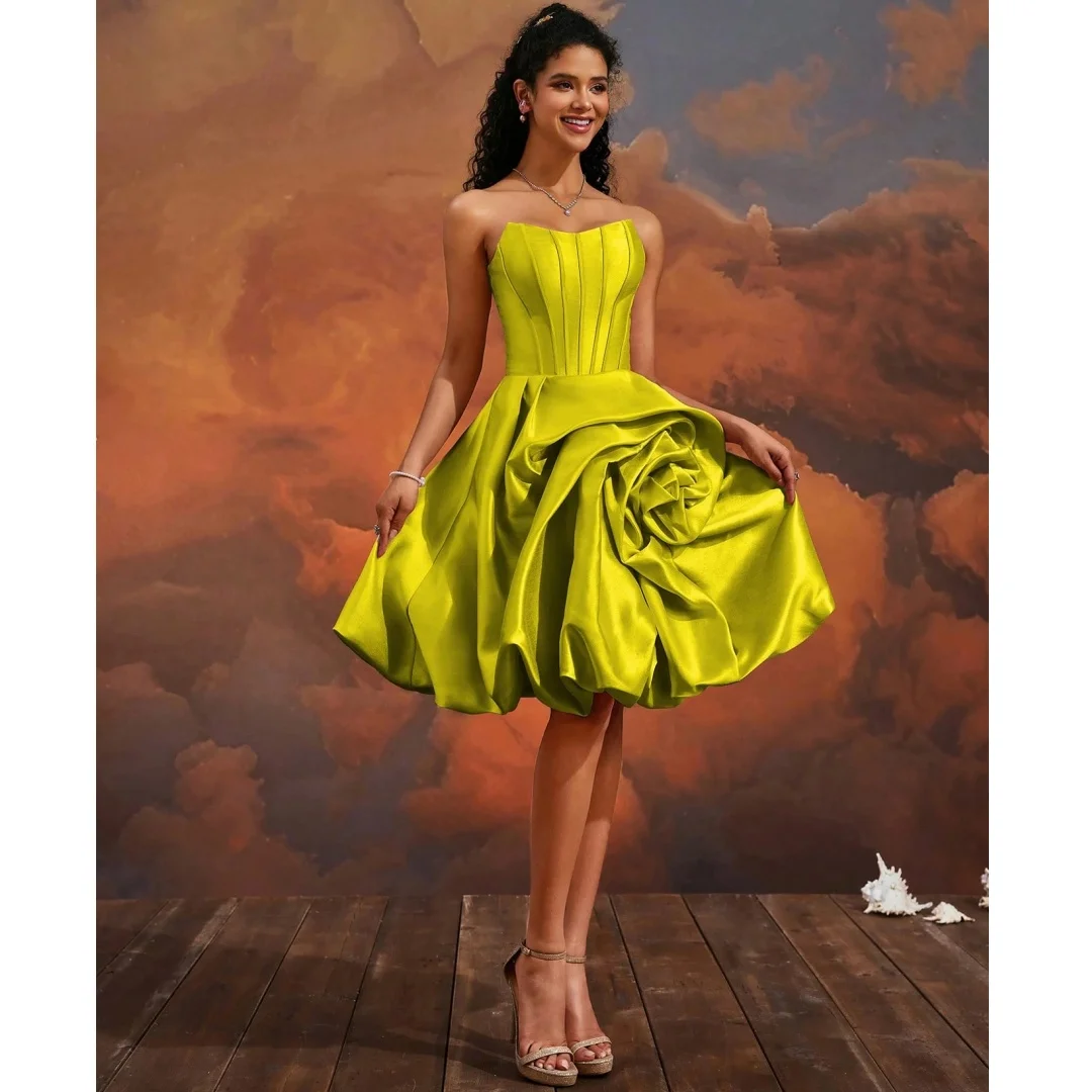 

Satin Corset Short Prom Dresses 2025 Women Customized Strapless Floral Party Cocktail Dress Knee Length Chic robes de soirée