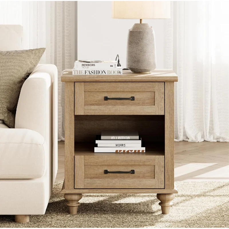 

Farmhouse End Table Nightstand with Charging Station, Small Side Table with 2 Drawers for Living Room, Light Wood Night Stand