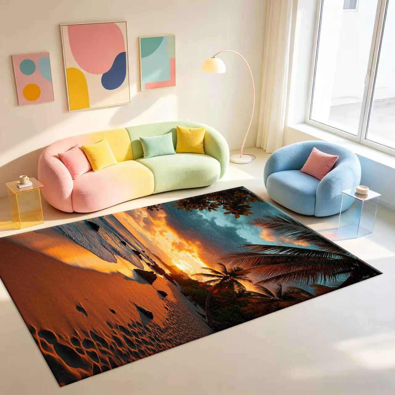 Tropical Beach Sunset Palm Tree Scenery carpet flooring Ocean Coastal Landscape Area Rug For Indoor Home Floor Decoration