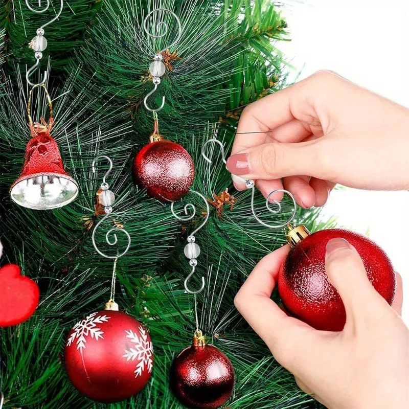 10Pcs S-Shaped Christmas Ornament Hooks with Clear Crystal Beads Shiny Metal Hangers Sturdy Install Decorative Utility Hooks