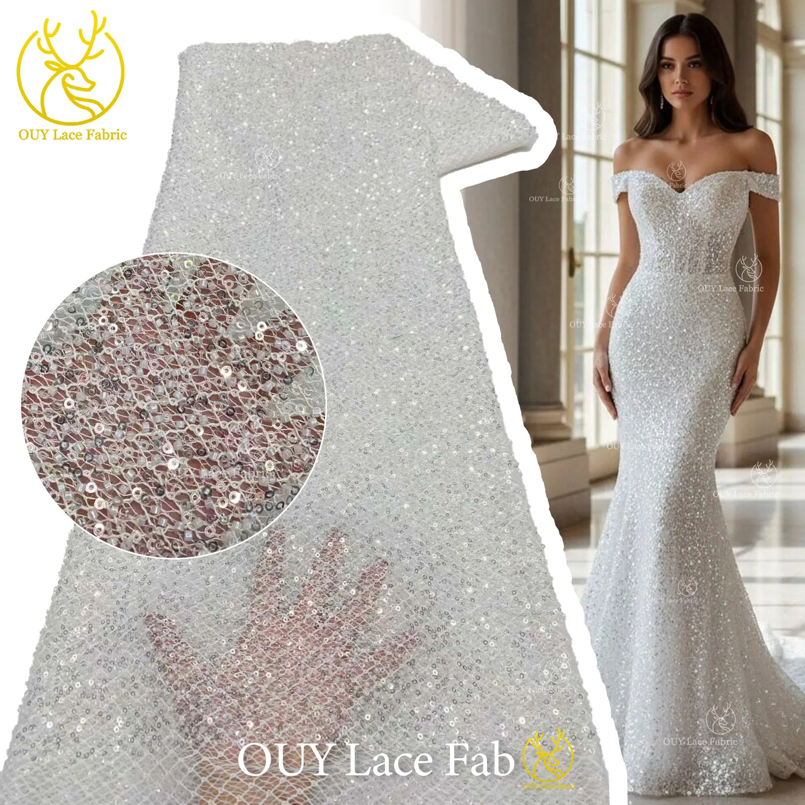 

White French Beaded Sequin Lace Fabric 2026 High-Quality Nigerian African Lace Fabric Suitable for Weddings and Parties 5 Yards