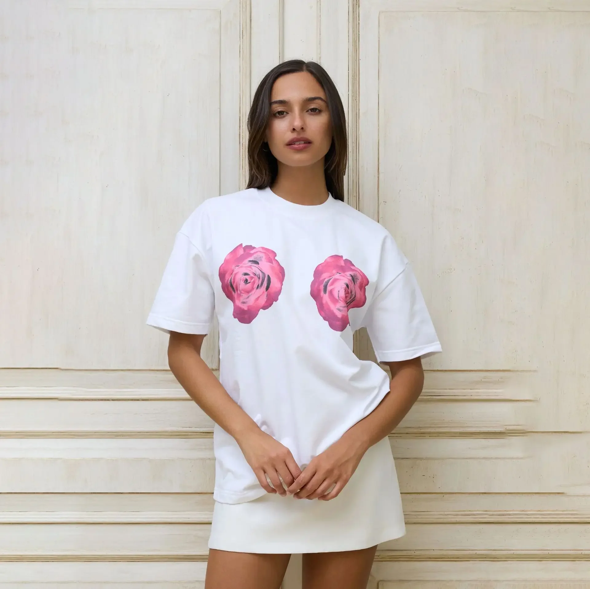 

Fashion American Ins Two Flower Pictures Printed T-shirt Women Summer Y2k Super Large Street Clothing Gothic Half-sleeved Top