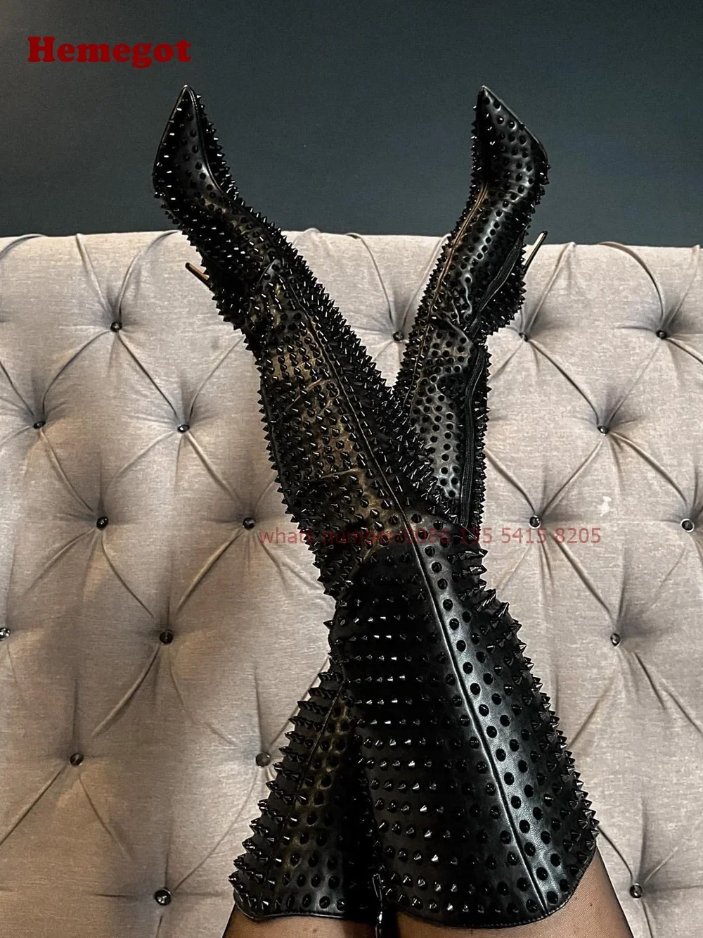 Pointed Toe Thin High Heels Rivet Women's Long Boots Black Studded Stiletto Over The Knee Boots Zipper Runway Shoes Gladiator