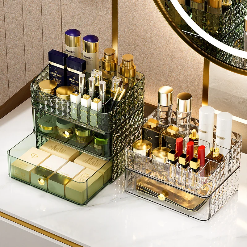 Diamond Pattern Cosmetics Storage Box High-end Sense LargeCapacity Desktop Rack Light Luxury Skin Care Products Lipstick Storage