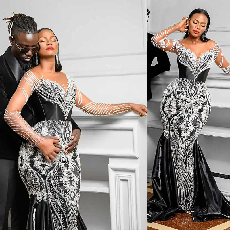 

Customized Mermaid Prom Dresses Plus Size V Neck Long Sleeve Evening Dresses Crystals Beading Special Occasion Dresses