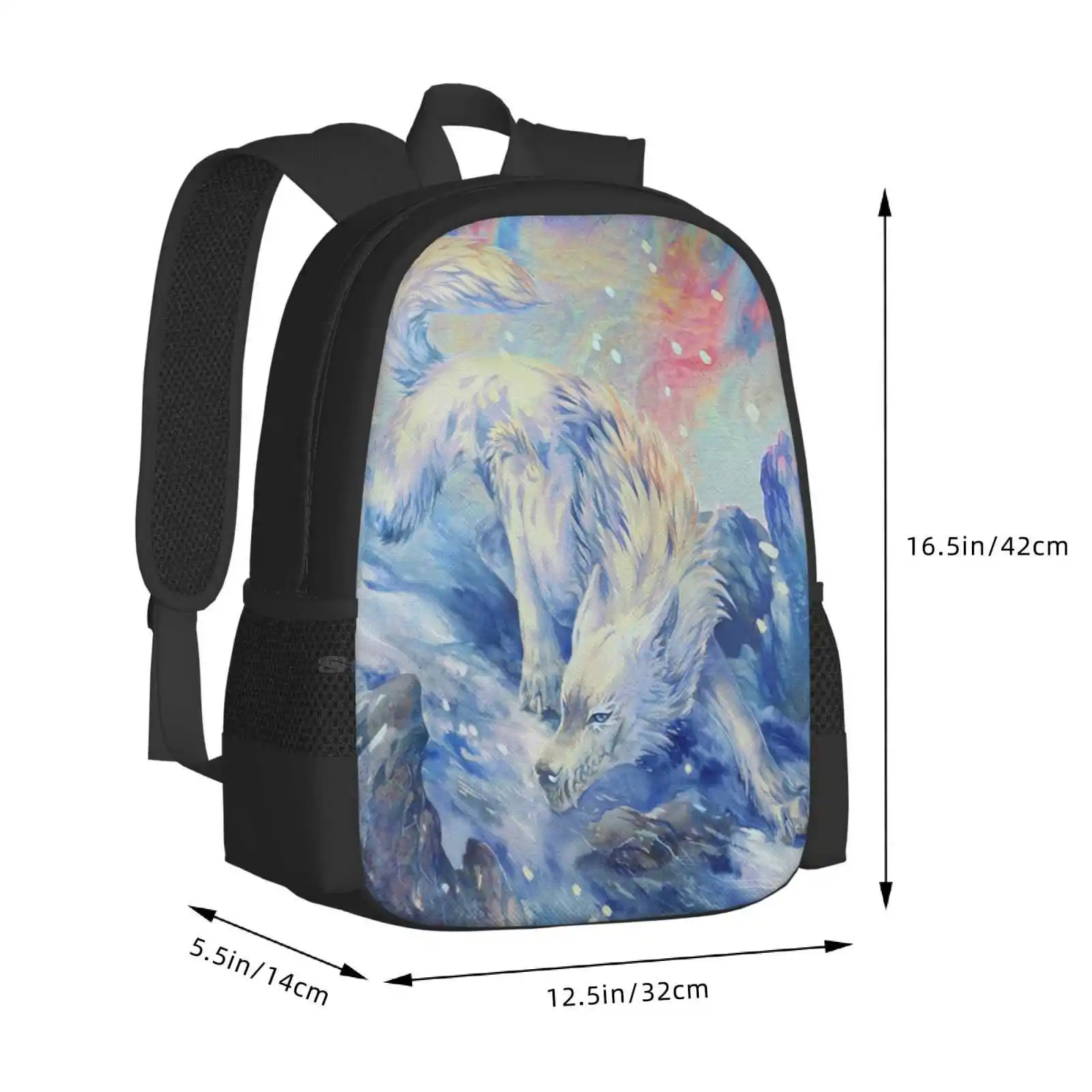 Skoll - Watercolor Hot Sale Backpack Fashion Bags Watercolor Watercolour Wolf Pastel Blue White Pink Traditional Snow