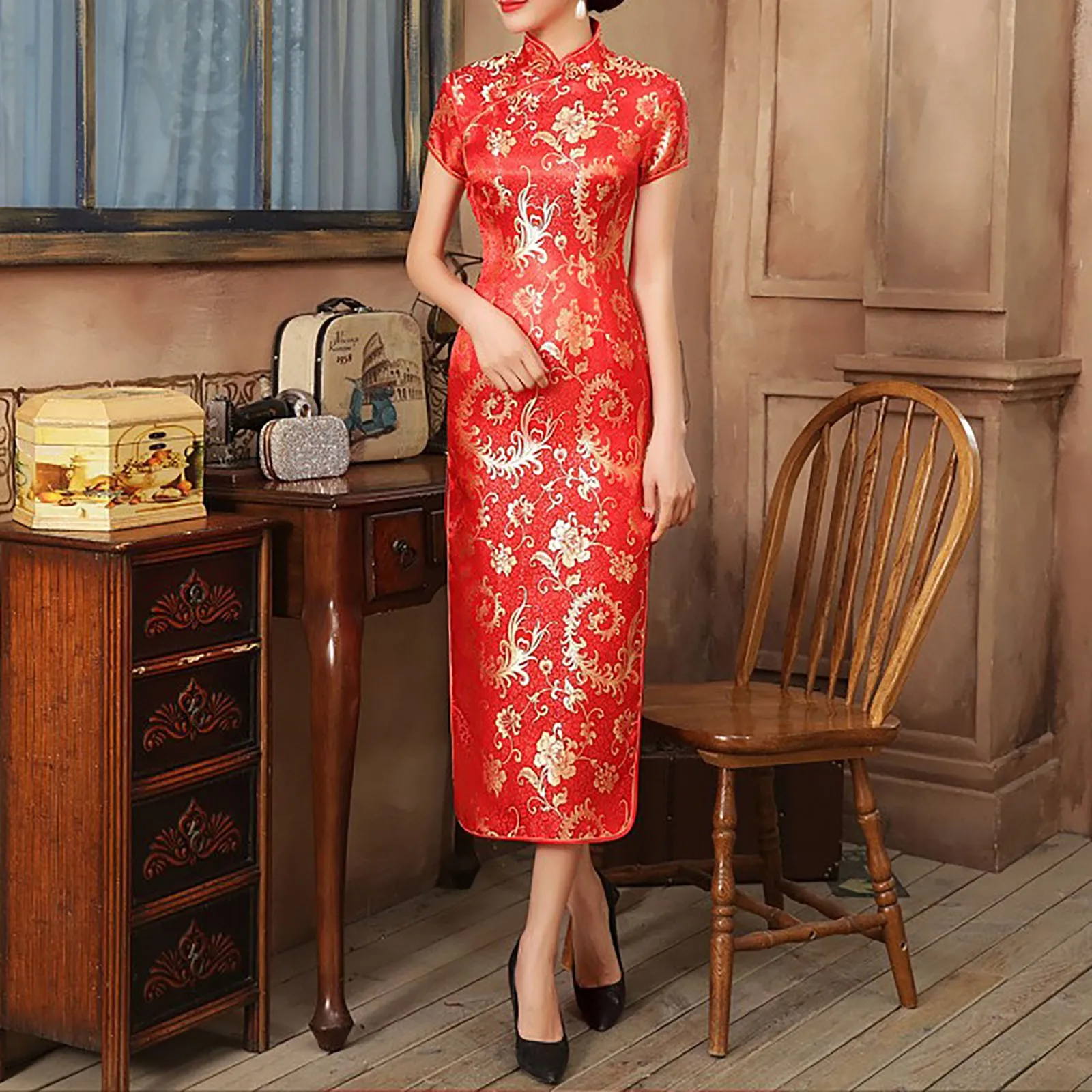 

Women Cheap and Big size Long Slim Cheongsam Qipao Red Bride Wedding Dress Formal Dress Vintage Chinese Traditional Dress