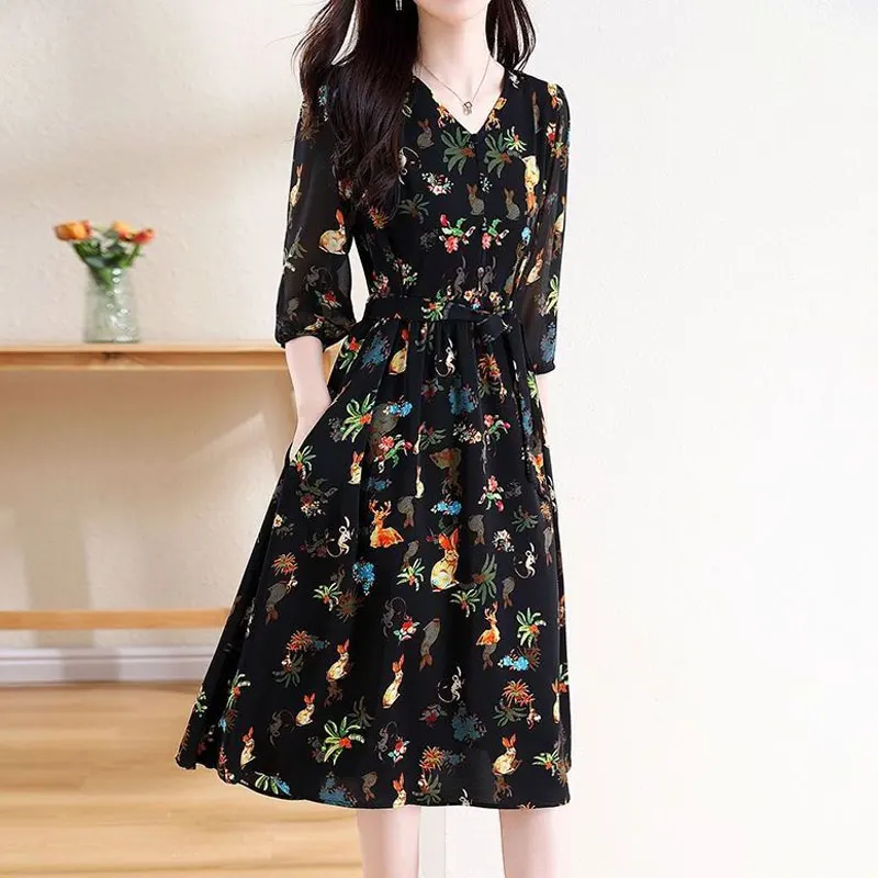 Women\'s Clothing Casual Printed Midi Dress Vintage A-Line Spring Summer New 3/4 Sleeve Fashion V-Neck Elegant Drawstring Dresses