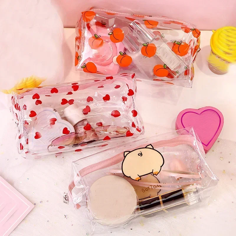 Fashion PVC Transparent Makeup Bag Flower Fruit Love Print Makeup Pouch Large Capacity Cosmetic Bag Travel Cosmetics Organizer