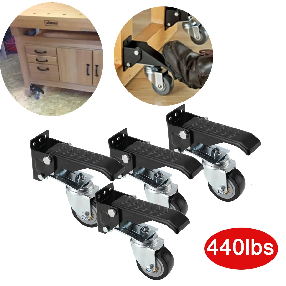 Image of 4-teiliges Set Abnehmbare Holzbearbeitungs-Rollen mit 200kg Tragkraft, Hebel-Rollensatz mit Bremse, Einziehbare 360°-Schwenkräder ° Drehgelenk für Tische und Geräte
