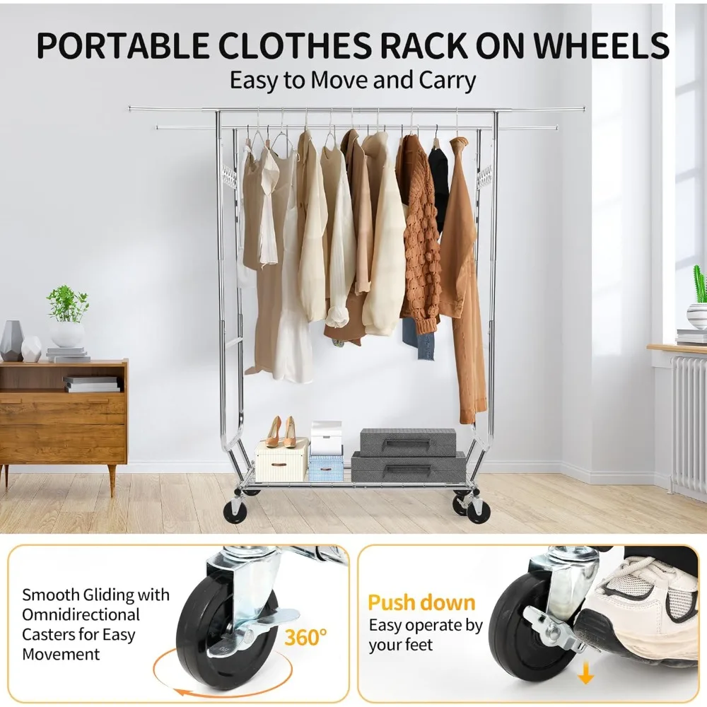 

Rolling Clothing Racks,Heavy Duty Clothing Garment Rack,Portable Clothes Rack with Wheels Collapsible Commercial Garment Rack