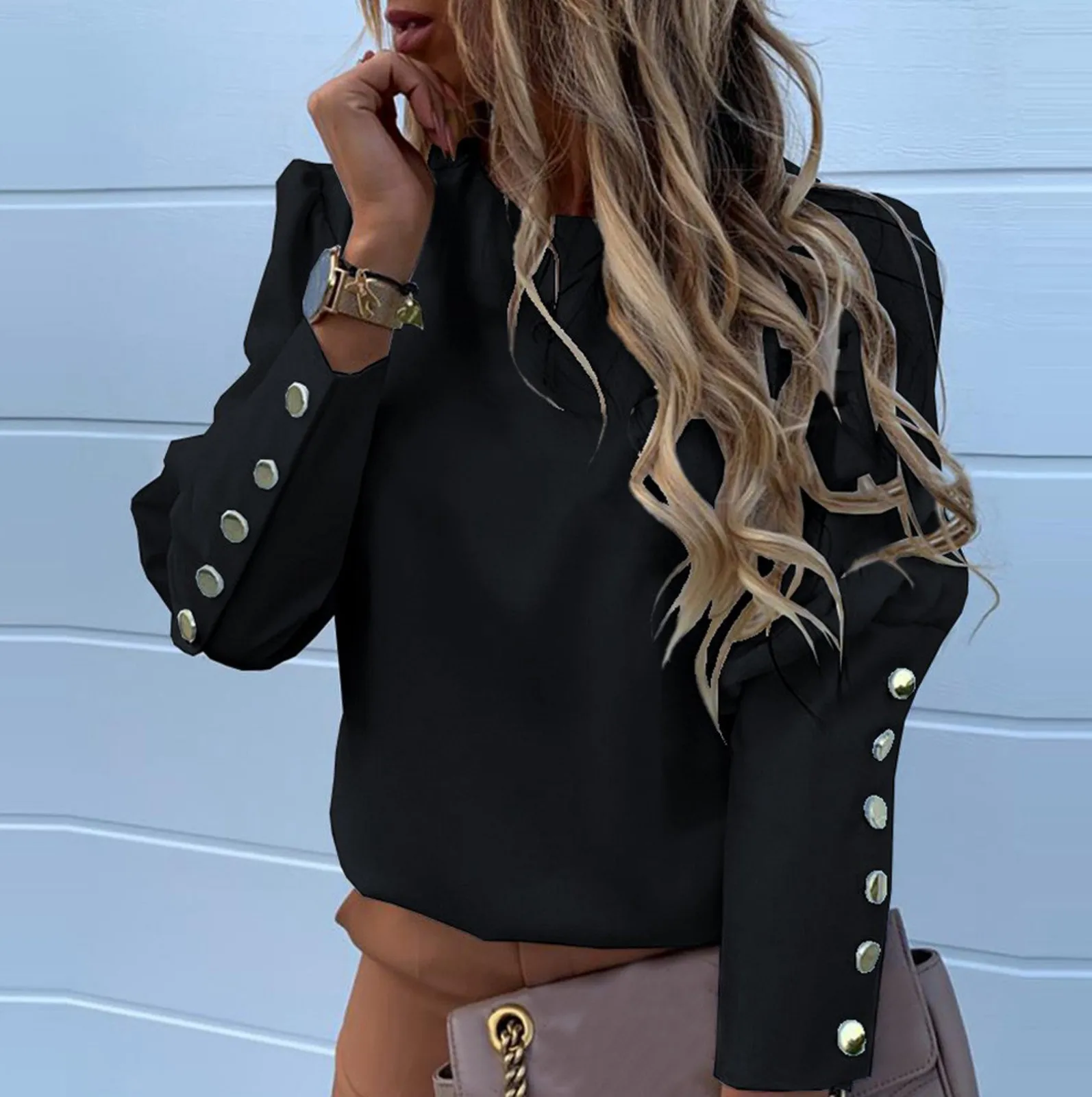 Women Fashion Top Shirts Office Lady Metal Buttons Long Sleeve Blouse Summer Casual Loose Round Neck Solid Color Tunic Top Shirt