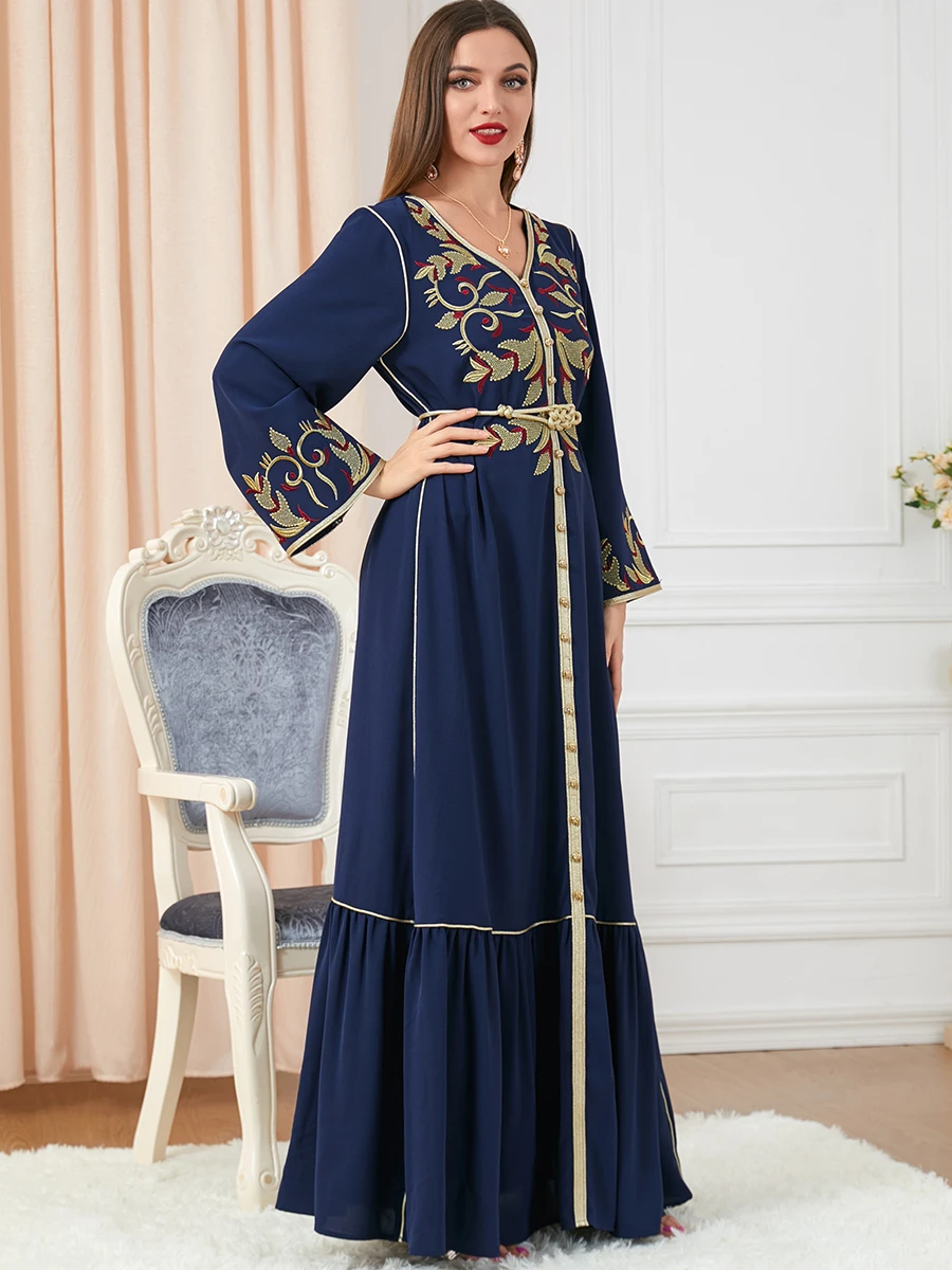 Ramadan Marocco Abito Donna Abaya musulmano Moda Dubai Abaya Ricamo con cintura Caftano Abiti da festa eleganti Abiti Primavera