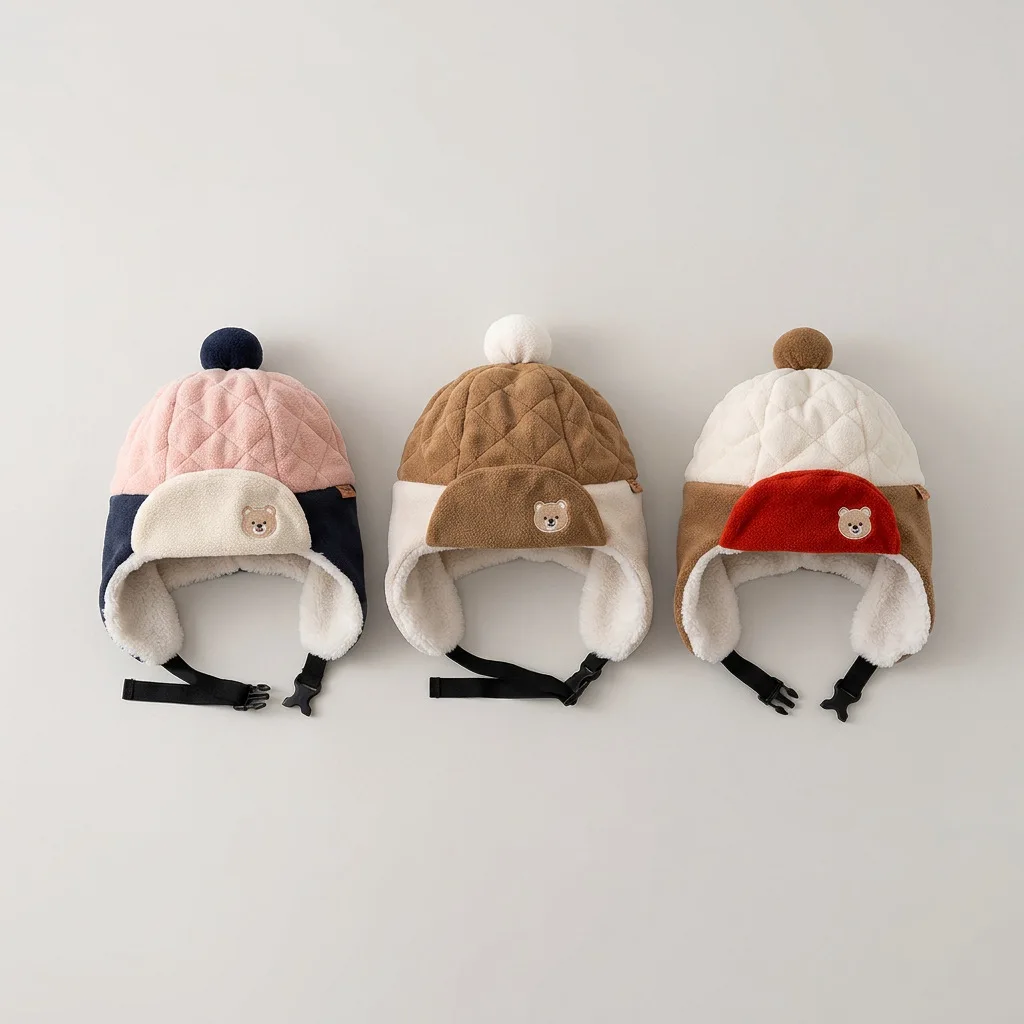 Winter Korean Style Kids Hat Bear Embroidery Thick Earflap Hat for Girls Boys Soft Warm Children Ear Protection Hat