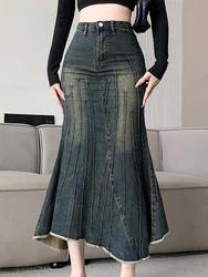 Vintage yırtık kadınlar Mermaid etek 2023 yeni moda Y2K Streetwear kot etekler kadın Retro rahat düzensiz kalça etekler Denim