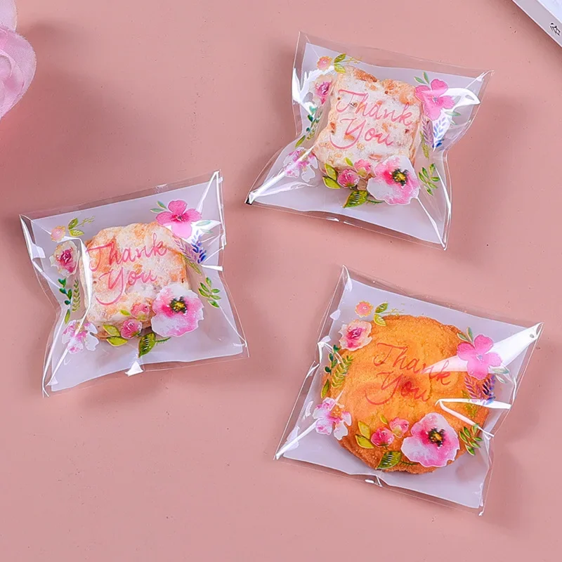 100pcs Flower Printed Self-sealing Bag, DIY Gift Candy Decorative Bags, Thank You Printed Opp Bag for Wedding Birthday Party