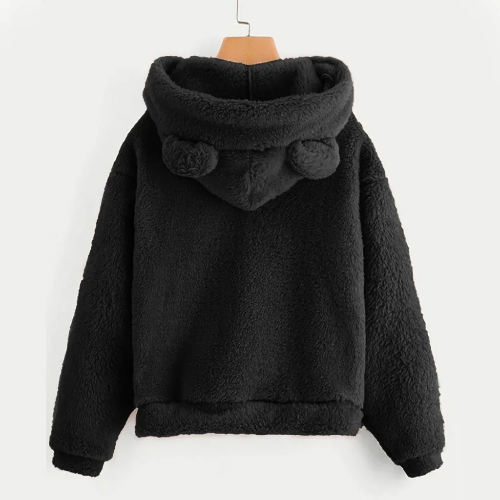 Women\'s Long Sleeve Fleece Sweatshirt Warm Bear Shape Fuzzy Hoodie Pullover