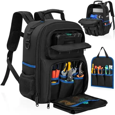 Sac à dos robuste pour outils avec fermetures éclair YKK de qualité supérieure et points de tension renforcés. Fabriqué en polyester 900D durable avec panneau dorsal rembourré et bretelles ergonomiques. L'organisateur interne comprend 10 pochettes pour outils et 6 boucles élastiques. Idéal pour les professionnels.