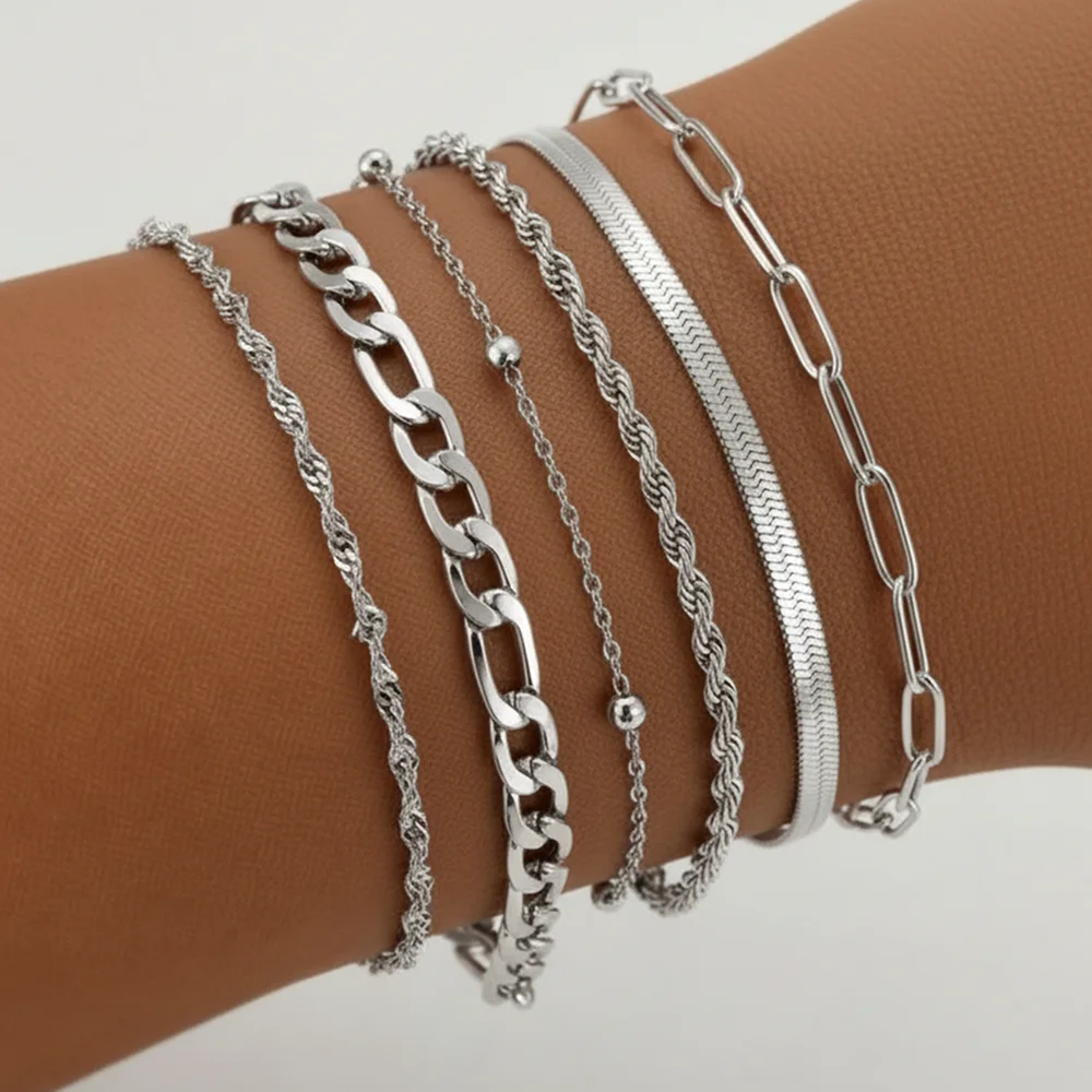 DGIDDK Stainless Steel Punk Chain Flat Snake Chain Paperclip Chain Six-Piece Set Bracelet Women's Fashion Commuter Wrist Jewelry