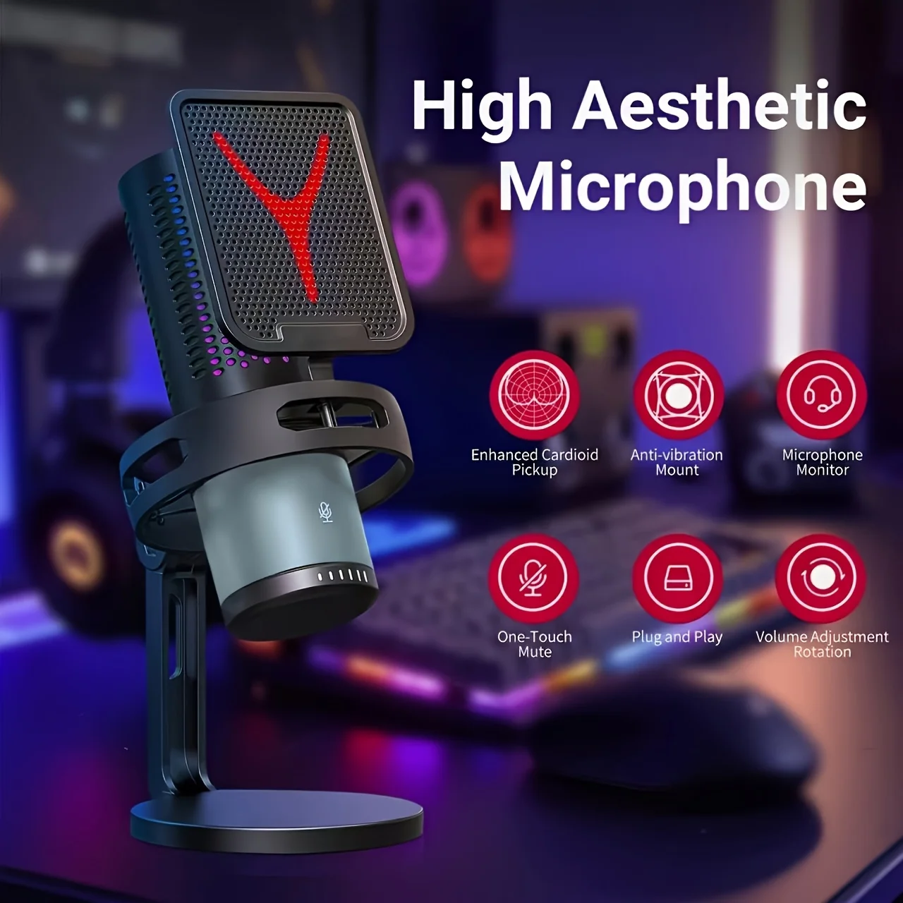 

USB Gaming Microphone for PC, Condenser Microphone with Rapid Mute, RGB Indicator Light, Tripod Stand, Anti-Blast Filter, Anti-S