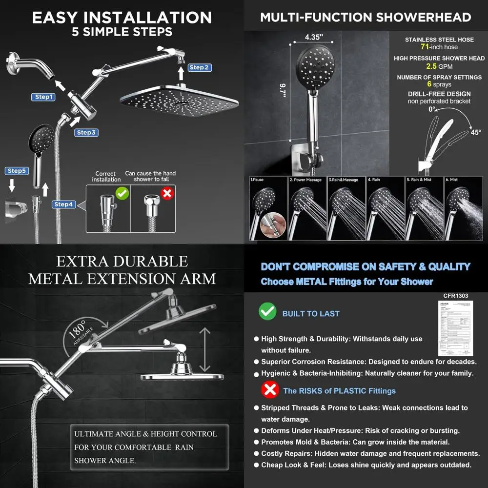 

15 Metal Arm Rain Shower Combo with Dual Heads, Multi-Spray Settings, Chrome Finish
