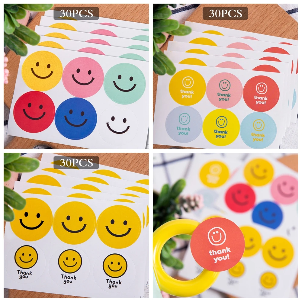 30pcs/5 Sheets Colorful Smiley Stickers Hot Stamping Seal Stickers Bakery Gift Envelope Greeting Card Packaging Smiley Stickers