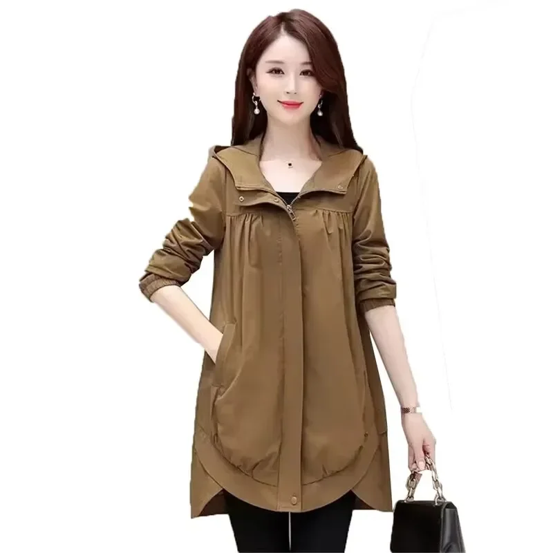 Pop High-Quality Windbreaker Women's 2025 Spring And Autumn New Large Loose Slim Casual Mid Length Coat Women's Hooded Trench Co